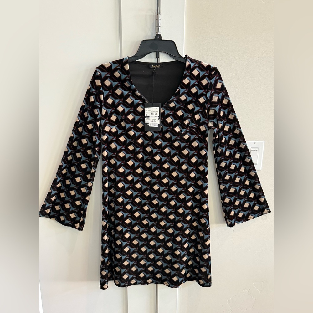 Talco Italian Velvet Dress Women's Large‎ Geometric Print Flared Sleeves New